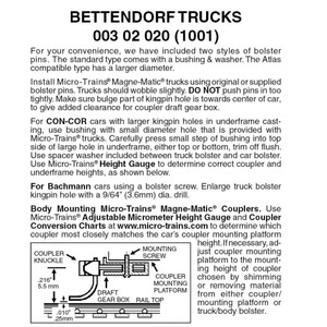 Micro Trains ~ N Scale ~ Bettendorf Trucks ~ Without Couplers ~ 1 Pair ~ 00302020