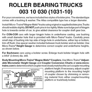 Micro Trains ~ N Scale ~ Roller-Bearing Trucks ~ No Couplers ~ (Black) ~ 10 Pairs ~ 00310030