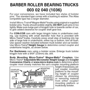 Micro Trains ~ N Scale ~ Barber Roller-Bearing Trucks ~ No Couplers ~ 1 Pair ~ 00302040
