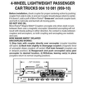 Micro Trains ~ Z Scale ~ Lightweight Passenger Trucks ~ 4-Wheel ~ (Black) ~ 10 Pairs ~ 00410081