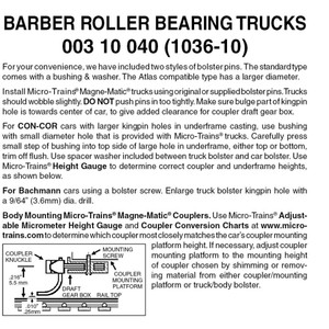 Micro Trains ~ N Scale ~ Barber Roller-Bearing Trucks ~ Less Couplers ~ (Black) ~ 10 Pairs ~ 00310040