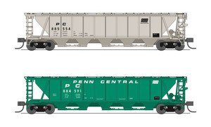 Broadway Limited ~ N Scale ~ PRR Class H32 5-Bay Covered Hopper 2-Pack ~ Ready to Run ~ Penn Central (1 Each Jade Green and gray) ~ 7257