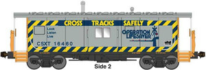 Bluford Shops ~ N Scale ~ International Car Bay Window Caboose Phase 4 ~ Ready to Run ~ CSXT #16431 (gray, blue, yellow, Cross Tracks Safely Slogan) ~ 44321