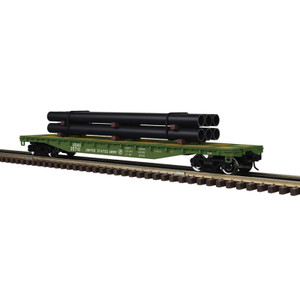 Atlas ~ O Scale ~ Trainman ~ 52'6" Flat Car W/Pipe Load ~ US Army Transportation Corps ~ 2 Rail ~ 3002887