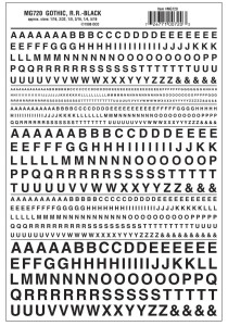 Woodland Scenics ~ Dry Transfer Alphabet ~ Railroad Gothic - 1/16, 3/32, 1/8, 3/16, 1/4 & 5/16", Black ~ 720