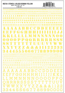 Woodland Scenics ~ Dry Transfer Numbers and Alphabet ~ Stencil/Block Roman, Yellow ~ 754