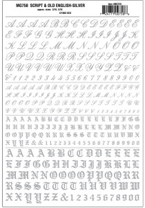 Woodland Scenics ~ Dry Transfer Numbers and Alphabet ~ Script/Old English, Silver ~ 758