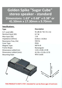 Golden Spike Hobbies ~ Sugar Cube Twin Speaker ~ “standard” ~ 8 Ohm ~ GS15112H202