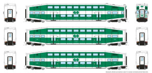 Rapido ~ HO Scale ~ BiLevel Commuter Cars ~ 3 Car Set ~ GO Transit ~ 1110001