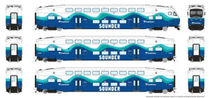 Rapido ~ HO Scale ~ BiLevel Commuter Cars ~ 3 Car Set ~ Sounder ~ 1110051
