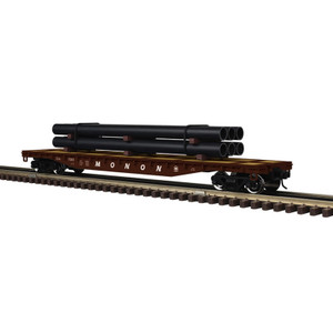 Atlas ~ O Scale ~ Trainman ~ 52'6" Flat Car W/Pipe Load ~ MONON #7025~ 3 Rail ~ 3001885