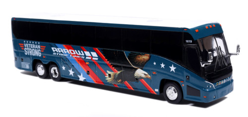 Iconic Replicas ~ HO Scale ~ MCI J4500 Coach ~ Assembled ~ Arrow Stage Lines / Veteran Strong ~ 87-0689