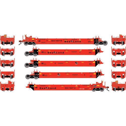 Athearn ~ HO Scale ~ Gunderson Maxi-I Well Car 5-Unit Set ~ Sealand SEAX #730077 ~ 3016