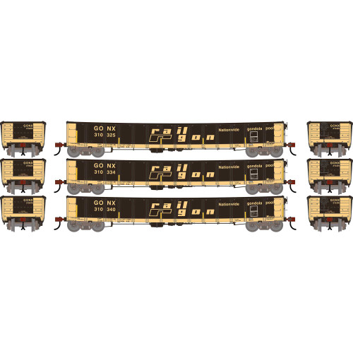 Athearn ~ HO Scale ~ 52' Mill Gondola ~ 3-Pack ~ Railgon GONX #310325, #310334, #310340 Reflectors ~ Primed For Grime ~ 2722