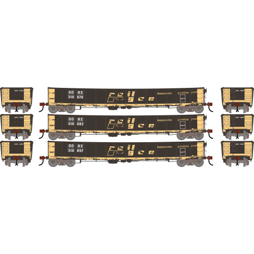 Athearn ~ HO Scale ~ 52' Mill Gondola ~ 3-Pack ~ Railgon GONX #310070, #310082, #310897 White Stencil ~ Primed For Grime ~ 2729