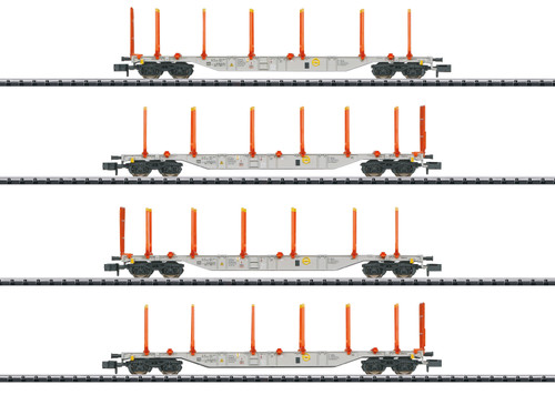Trix ~ N Scale ~ Type Sgns KLV Flat Car Set ~ AAE/Hector Rail ~ 4 Cars With Log Stakes ~ 18710