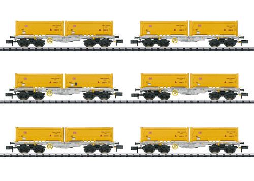 Trix ~ N Scale ~ Type Sgmmns 190 Flat Car Set ~ AAE ~ 6 Cars With Stuttgart 21 Tubs ~ 15075