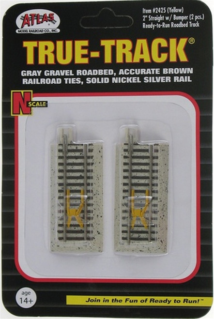 Atlas ~ N Scale ~ Code 65 ~ True-Track ~ 2" Straight With Yellow Bumper (2 pcs) ~ 2425