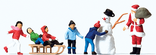 Preiser Kg ~ HO Scale ~ Christmas Figure Set in Merry Christmas Box ~ Santa Claus, 5 Children, Snowman & Sled ~ 10626