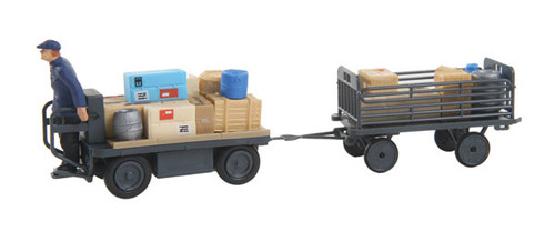 Preiser Kg ~ HO Scale ~ Electric Baggage Truck (Nonoperating) w/ Trailer & Driver ~ German Railways Early Era III ~ 10256