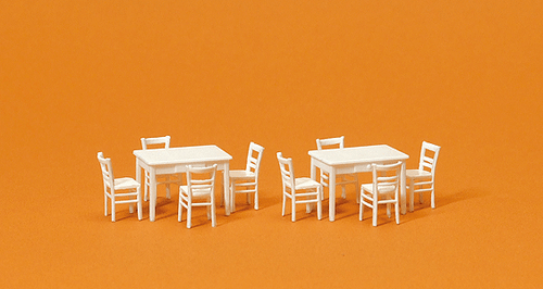 Preiser Kg ~ HO Scale ~ Table & Chairs ~ 2 Tables & 8 Chairs (white) ~ 17217