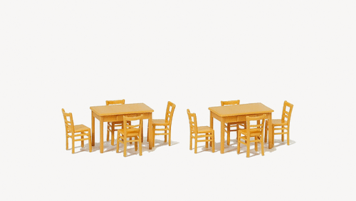 Preiser Kg ~ HO Scale ~ Table & Chairs ~ 2 Tables & 8 Chairs (natural wood) ~ 17218