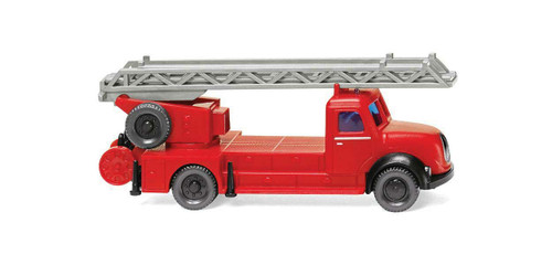 Wiking ~ N Scale ~ Magirus Fire Aerial Ladder Truck ~ Assembled ~ Ulm, Germany, Fire Department (red, black, German Lettering) ~ 781-96239