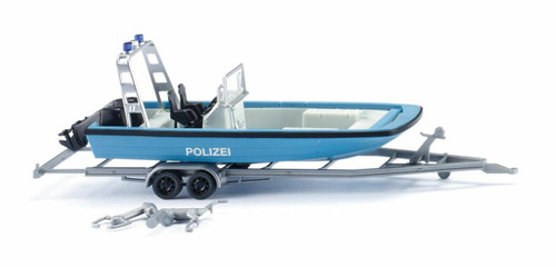 Wiking ~ HO Scale ~ Lehman MZB 72 Mult-Purpose Boat on trailer ~ Assembled ~ Police (blue, silver, German Lettering) ~ 781-9545