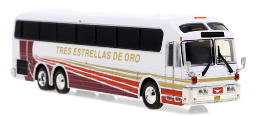 Iconic Replicas ~ HO Scale ~ 1986 Eagle Model 10 Bus ~ Assembled ~ Tres Estrellas de Oro (white, black, maroon, yellow, Spanish Lettering) ~ 808-870471