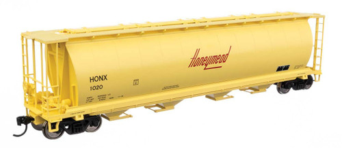 WalthersMainline ~ HO Scale ~ 59' Cylindrical Hopper ~ Ready to Run ~ Honeymead #1020 (yellow, black, red logo; trough hatches) ~ 910-7898