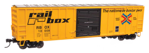 WalthersMainline ~ HO Scale ~ 50' ACF Exterior Post Boxcar ~ Ready to Run ~ Railbox RBOX #10008 (yellow, black, red, blue) ~ 910-1892