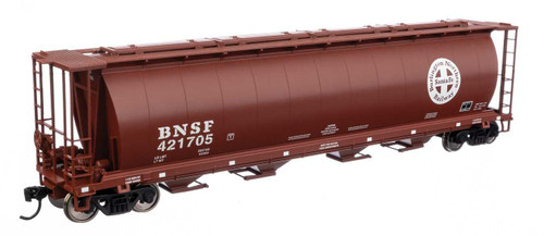 Walthers Mainline ~ HO Scale ~ 59' Cylindrical Hopper ~ Ready to Run ~ BNSF #421705 (red-brown, white; Circle Cross logo, trough hatches) ~ 910-7873