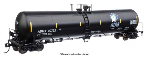 WalthersProto ~ HO Scale ~ 55' Trinity 30,145-Gallon Tank Car ~ Ready to Run ~ Archer-Daniels-Midland ADMX #30740 (black, white, leaf logo, yellow marks) ~ 920-100623