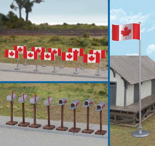 Walthers SceneMaster ~ HO Scale ~ Flags (11) and Mailboxes (8) ~ Canadian Flags, 1965-Present ~ 949-4172