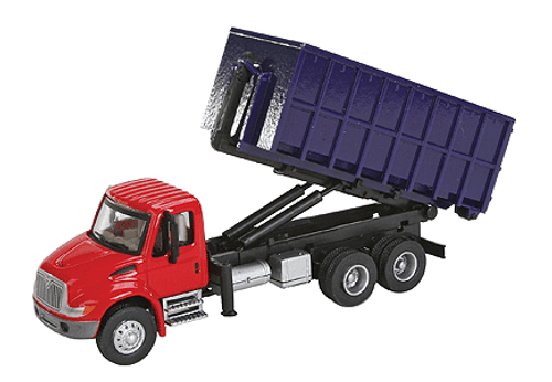 Walthers SceneMaster ~ HO Scale ~ International 4300 Dual-Axle Dumpster Carrier Truck ~ Assembled ~ Red Cab, Blue Dumpster ~ 949-11630