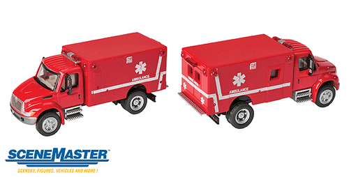 Walthers SceneMaster ~ HO Scale ~ International 4300 EMS Ambulance ~ Assembled ~ Red ~ 949-11931