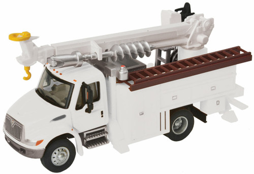 Walthers SceneMaster ~ HO Scale ~ International 4300 Utility Truck w/Drill ~ Assembled ~ White w/Railroad Maintenance-of-Way Logo Decals ~ 949-11733