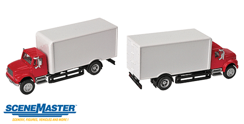 Walthers SceneMaster ~ HO Scale ~ International 4900 Single-Axle Box Van ~ Assembled ~ Red Cab, White Body ~ 949-11291