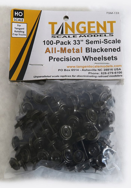 Tangent ~ HO Scale ~ 33" Wheels ~ Semi-Scale Blackened Tread ~ For Tangent Rotating Roller Bearing Trucks ~ 100 Pack ~ 133 Tangent ~ HO Scale ~ 33" Wheels ~ Semi-Scale Blackened Tread ~ For Tangent Rotating Roller Bearing Trucks ~ 100 Pack ~ 133