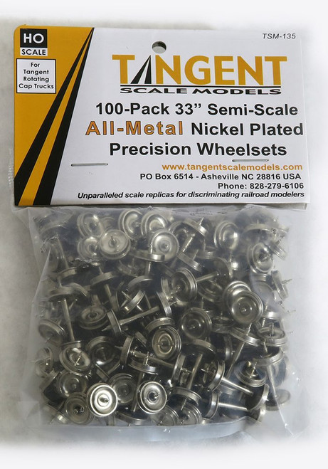 Tangent ~ HO Scale ~ 33" Wheels ~ Semi-Scale Nickel Plated ~ For Tangent Rotating Roller Bearing Trucks ~ 100 Pack ~ 135 Tangent ~ HO Scale ~ 33" Wheels ~ Semi-Scale Nickel Plated ~ For Tangent Rotating Roller Bearing Trucks ~ 100 Pack ~ 135