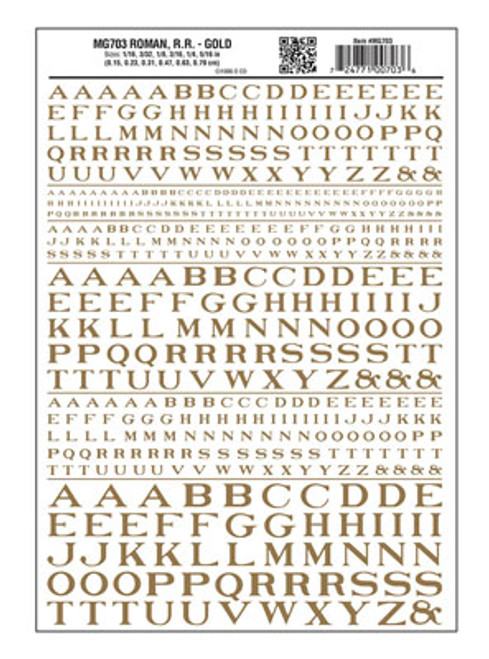 Woodland Scenics ~ Dry Transfer Alphabet ~ Railroad Roman ~ 1/16, 3/32, 1/8, 3/16, 1/4 & 5/16" ~ Gold ~ MG703