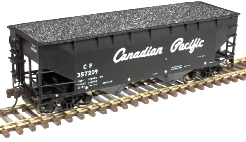 Atlas N Scale ~ 2-Bay Offset-Side Hopper with Flat Ends & Load ~ Ready to Run ~ Master ~ Canadian Pacific #357018 (black, white, Script Lettering) ~ 50006122