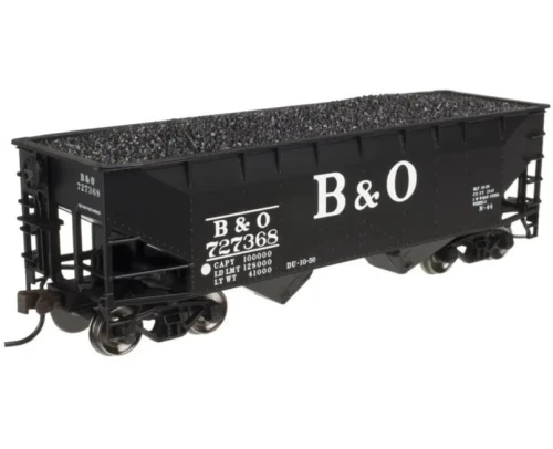 Atlas N Scale ~ 2-Bay Offset-Side Hopper with Flat Ends & Load ~ Ready to Run ~ Master ~ Baltimore & Ohio 235623 (black, white) ~ 50006128