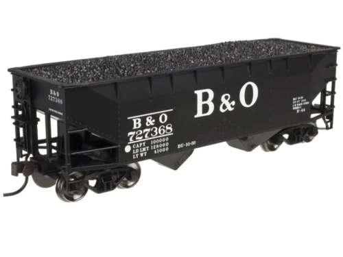 Atlas N Scale ~ 2-Bay Offset-Side Hopper with Flat Ends & Load ~ Ready to Run ~ Master ~ Baltimore & Ohio 235644 (black, white) ~ 50006129