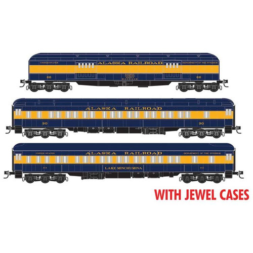 Micro Trains ~ N Scale ~ Heavyweight 70' Baggage, 10-1-12 & 12-1 Sleeper Set ~ Ready to Run ~ Alaska Railroad #66, 90, 92 Lake Minchumina (blue, yellow) ~ 98302257