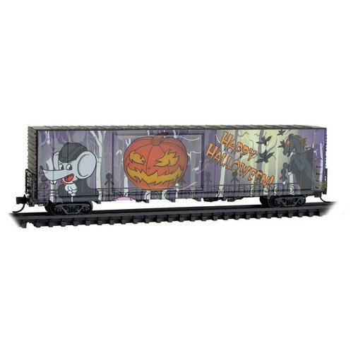 Micro Trains ~ N Scale ~ 60' Excess-Height Double-Door Boxcar Lighted ~ Ready to Run ~ 2024 Micro-Mouse Halloween Car ~ 10200850