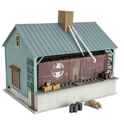 Accurail ~ HO Scale ~ Grain Storage Building w/40' Boxcar ~ Kit ~ Unpainted Structure, boxcar Decorated on 1 Side ~ 90056010