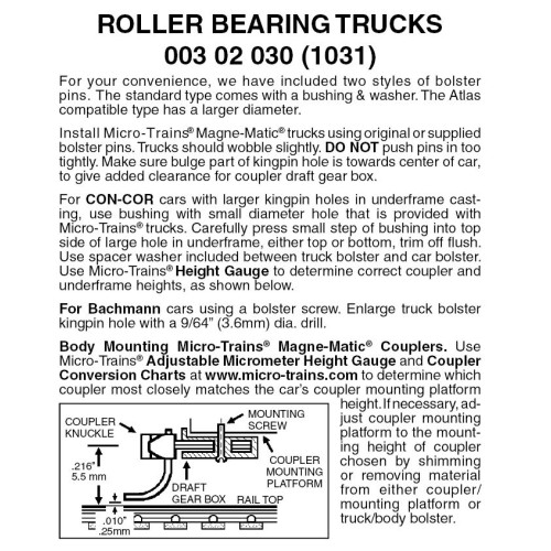 Micro Trains ~ N Scale ~ Roller-Bearing Trucks ~ No Couplers ~ 1 Pair ~ 00302030