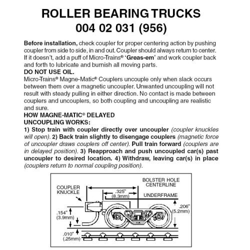 Micro Trains ~ Z Scale ~ Roller-Bearing Trucks ~ With Magne-Matic Short Extended Couplers ~ 1 Pair ~ 00402031