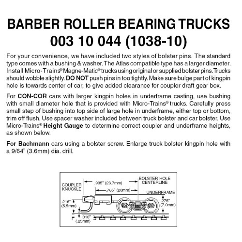 Micro Trains ~ N Scale ~ Barber Roller-Bearing Trucks ~ With Long Extended Couplers ~ (Black) ~ 10 Pairs ~ 00310044